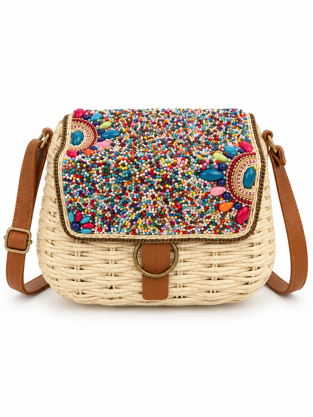 Beaded Raffia Crossbody Bag