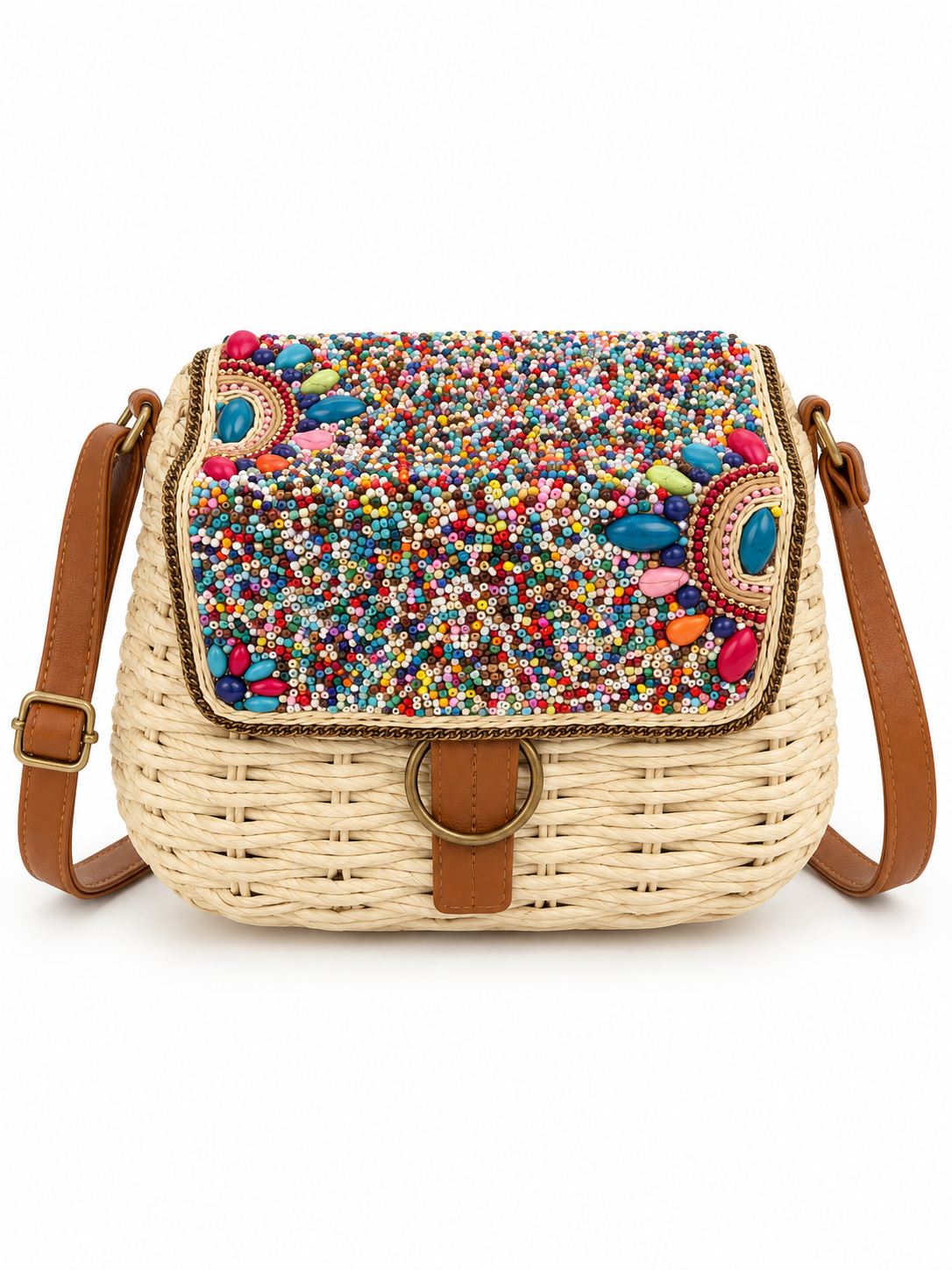 Beaded Raffia Crossbody Bag