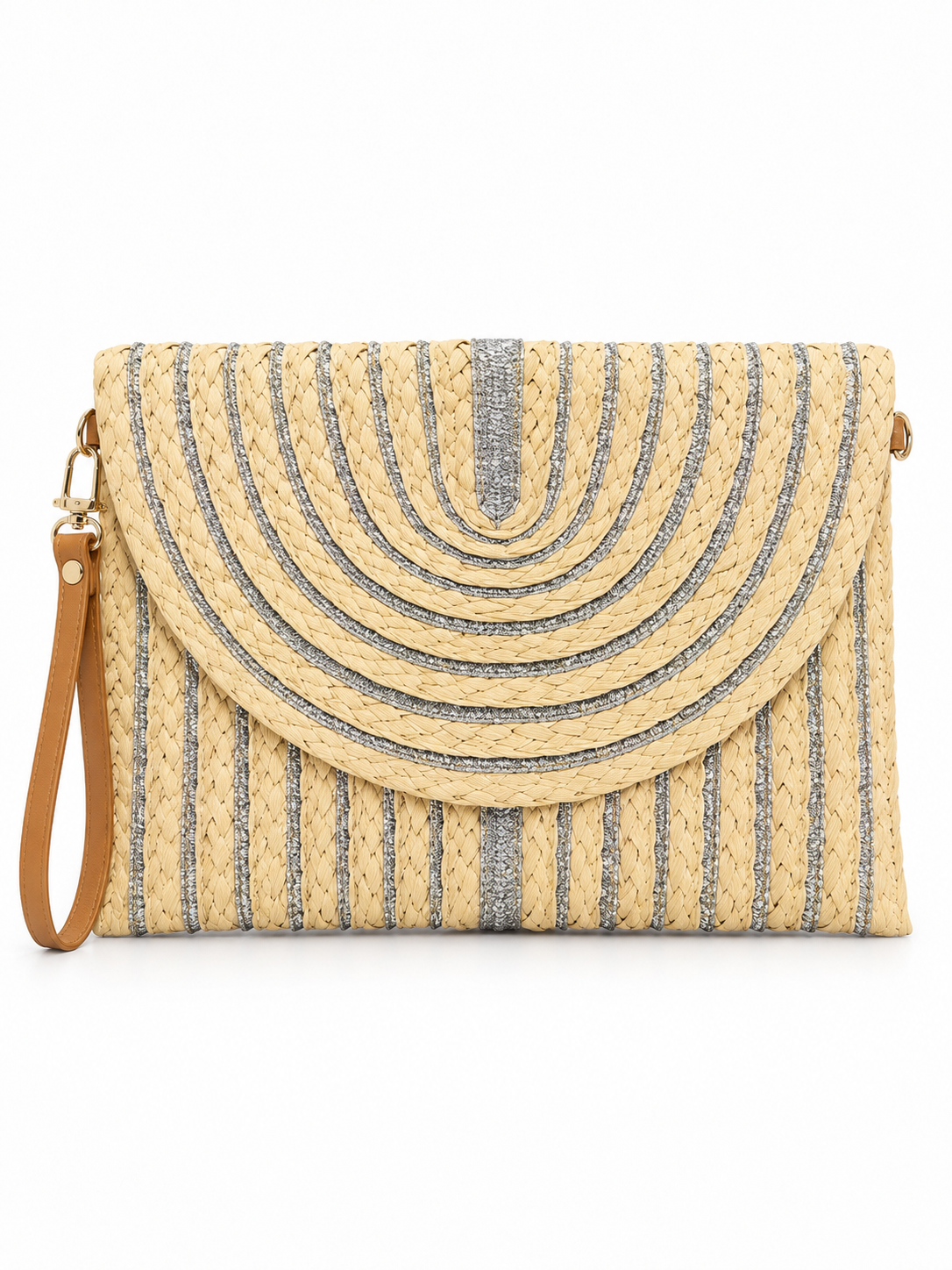 Metallic Trim Woven Raffia Clutch Bag