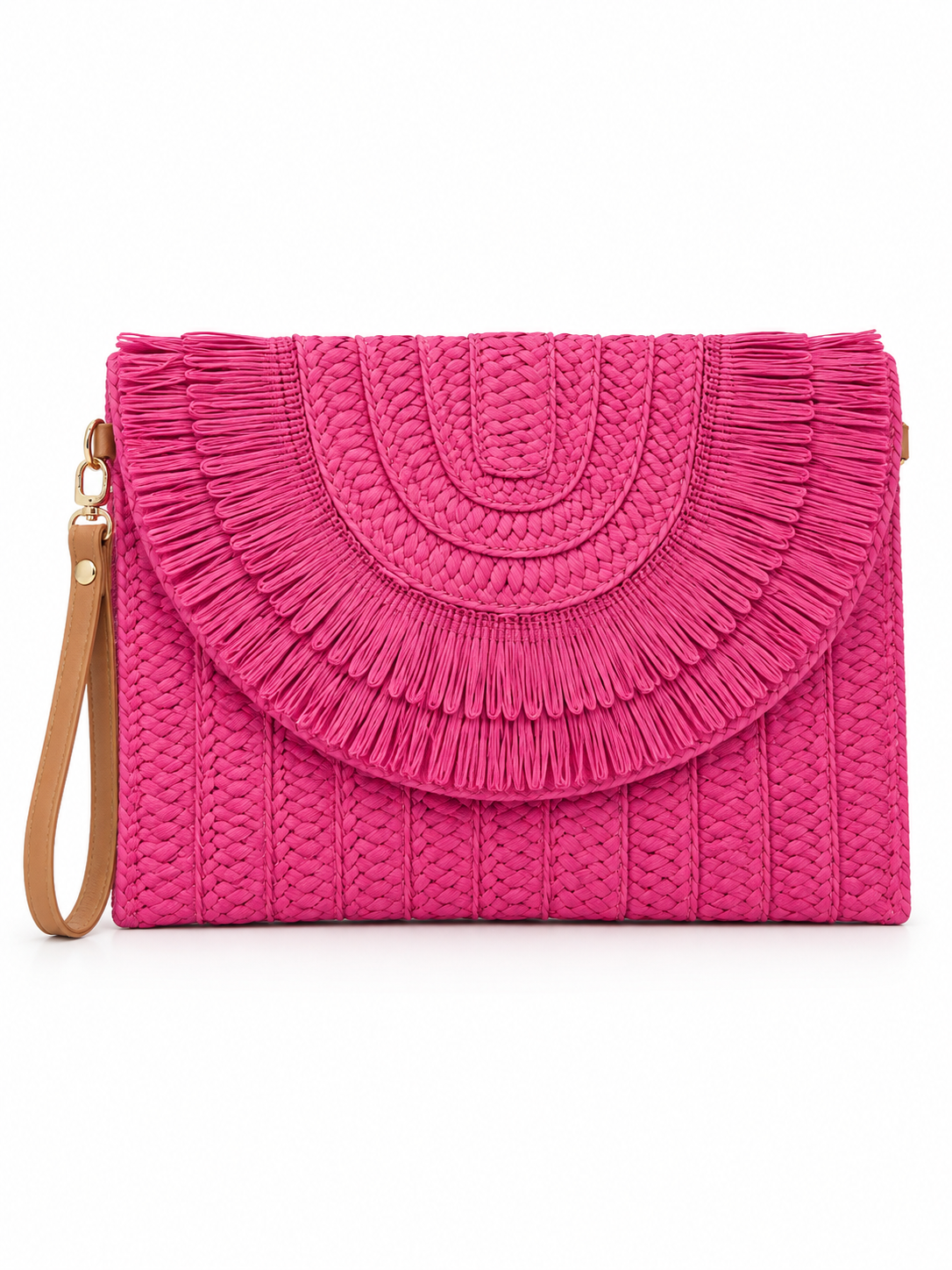 Fringe Woven Raffia Clutch Bag