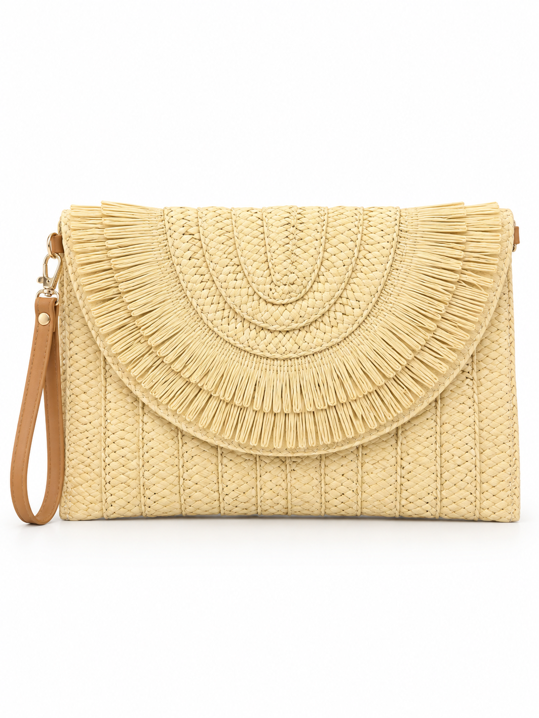 Fringe Woven Raffia Clutch Bag
