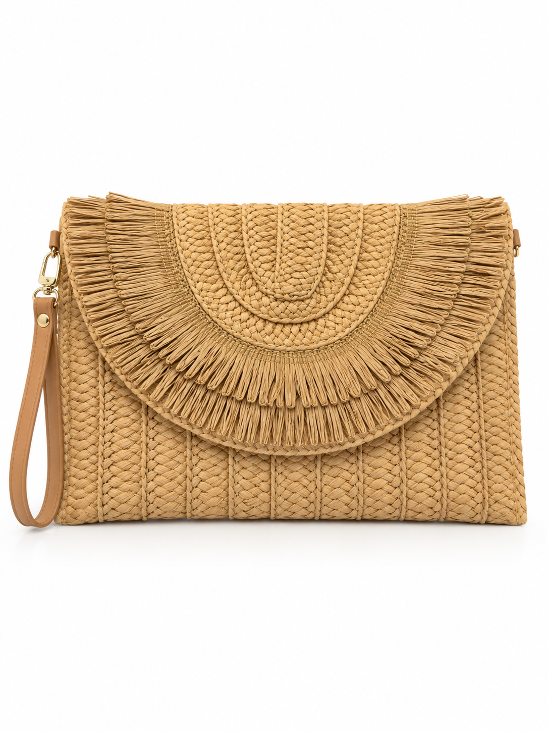Fringe Woven Raffia Clutch Bag