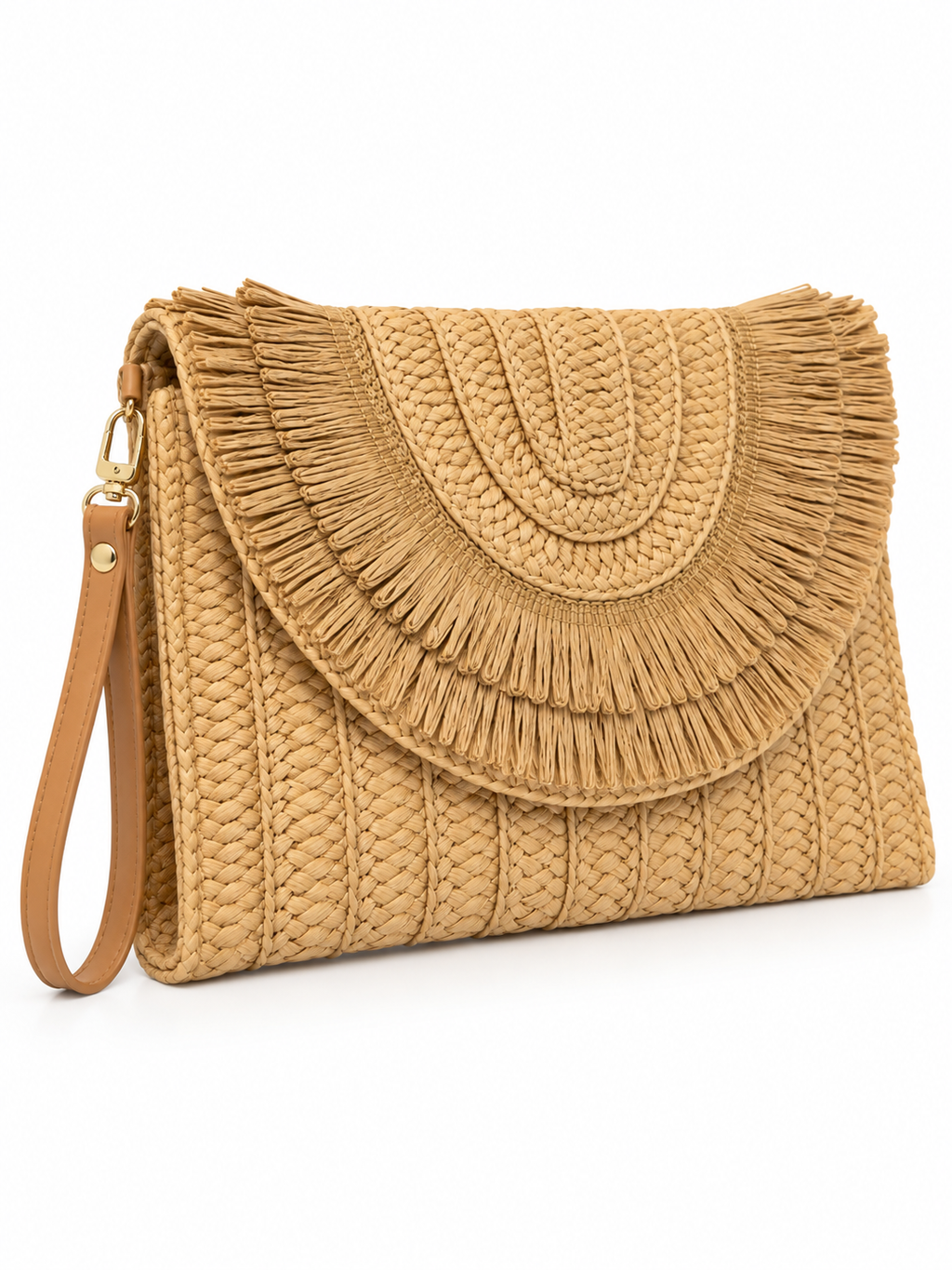 Fringe Woven Raffia Clutch Bag