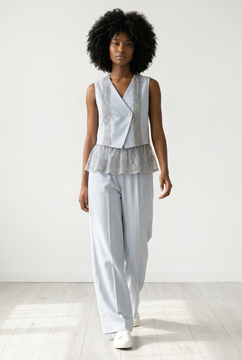 Co-Ord Set of Lace Trim Vest & Trousers