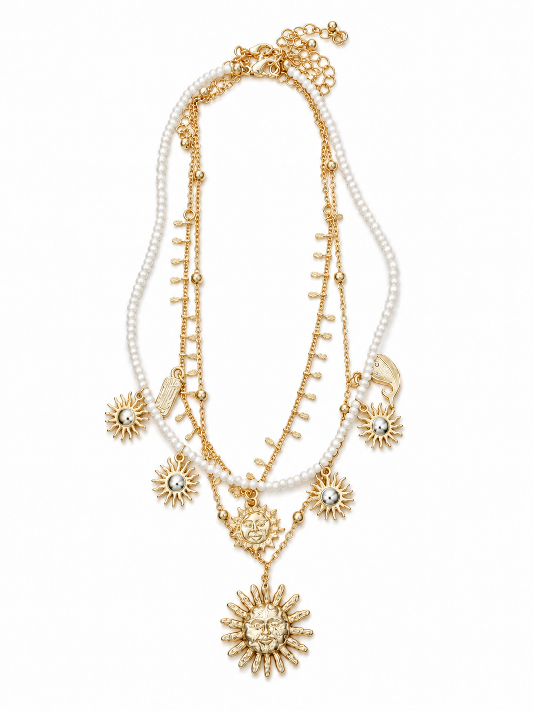 Pearl & Chain Necklace with Sun Charms