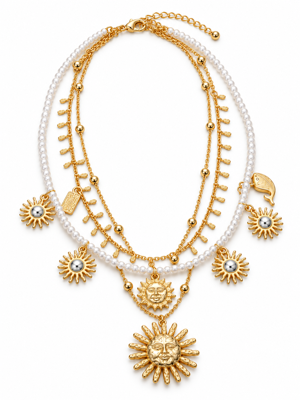 Pearl & Chain Necklace with Sun Charms