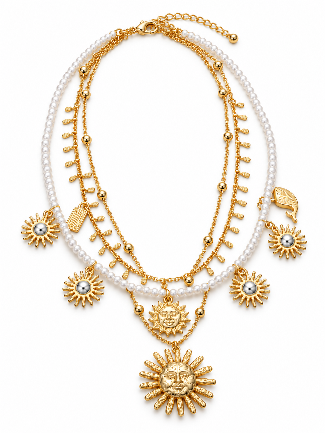 Pearl & Chain Necklace with Sun Charms