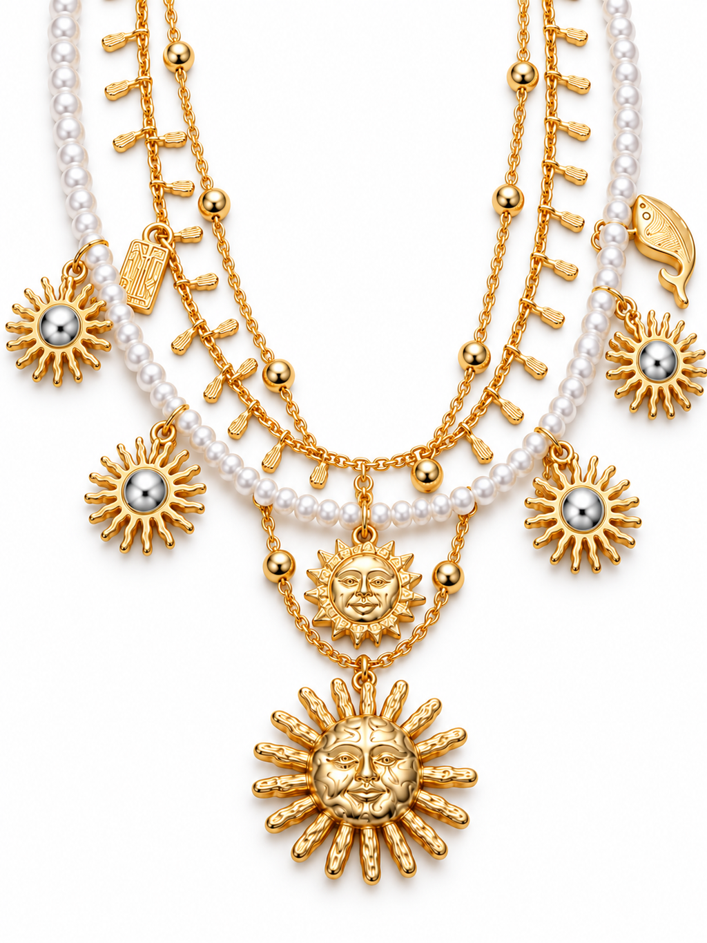 Pearl & Chain Necklace with Sun Charms
