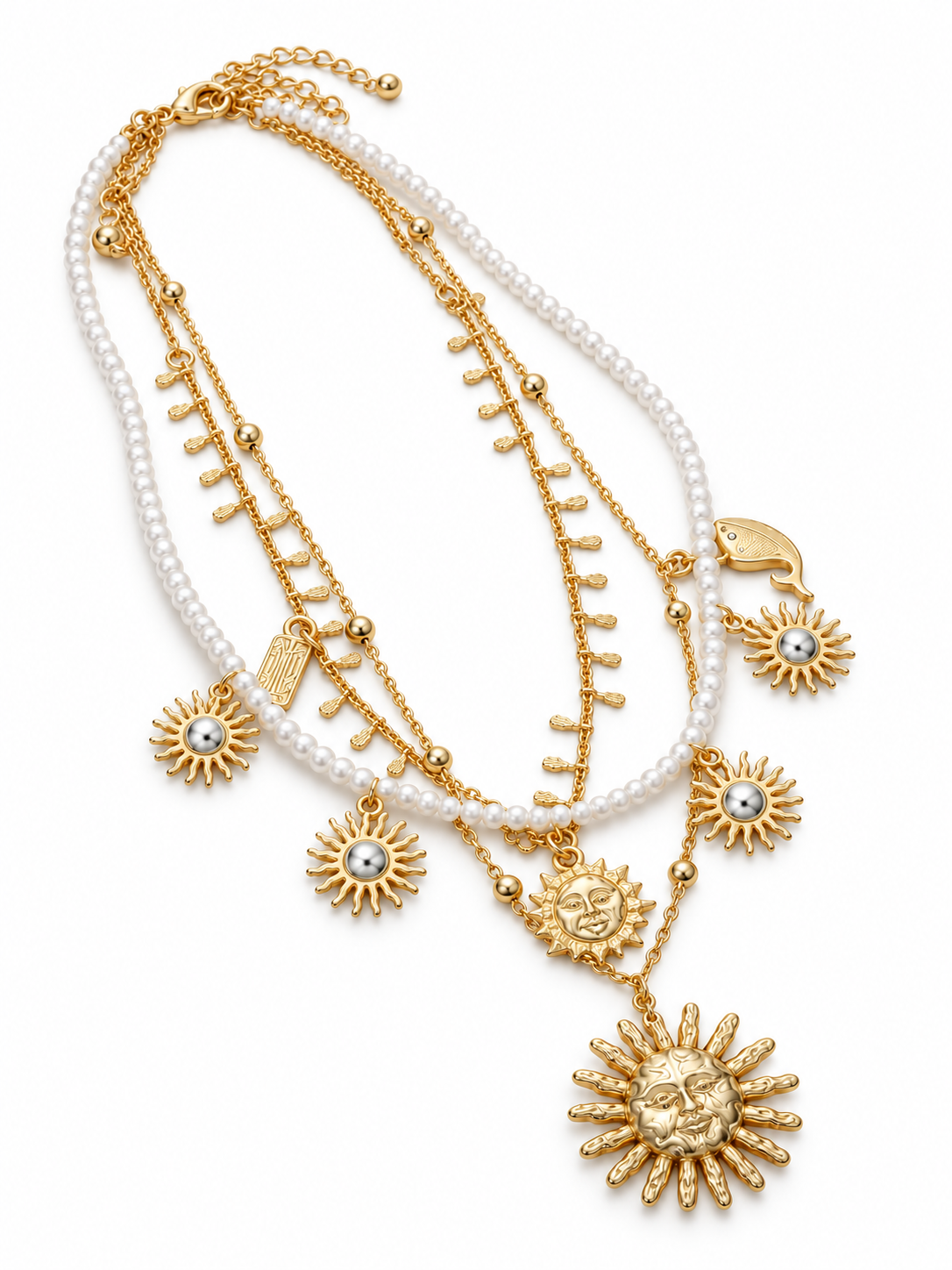 Pearl & Chain Necklace with Sun Charms