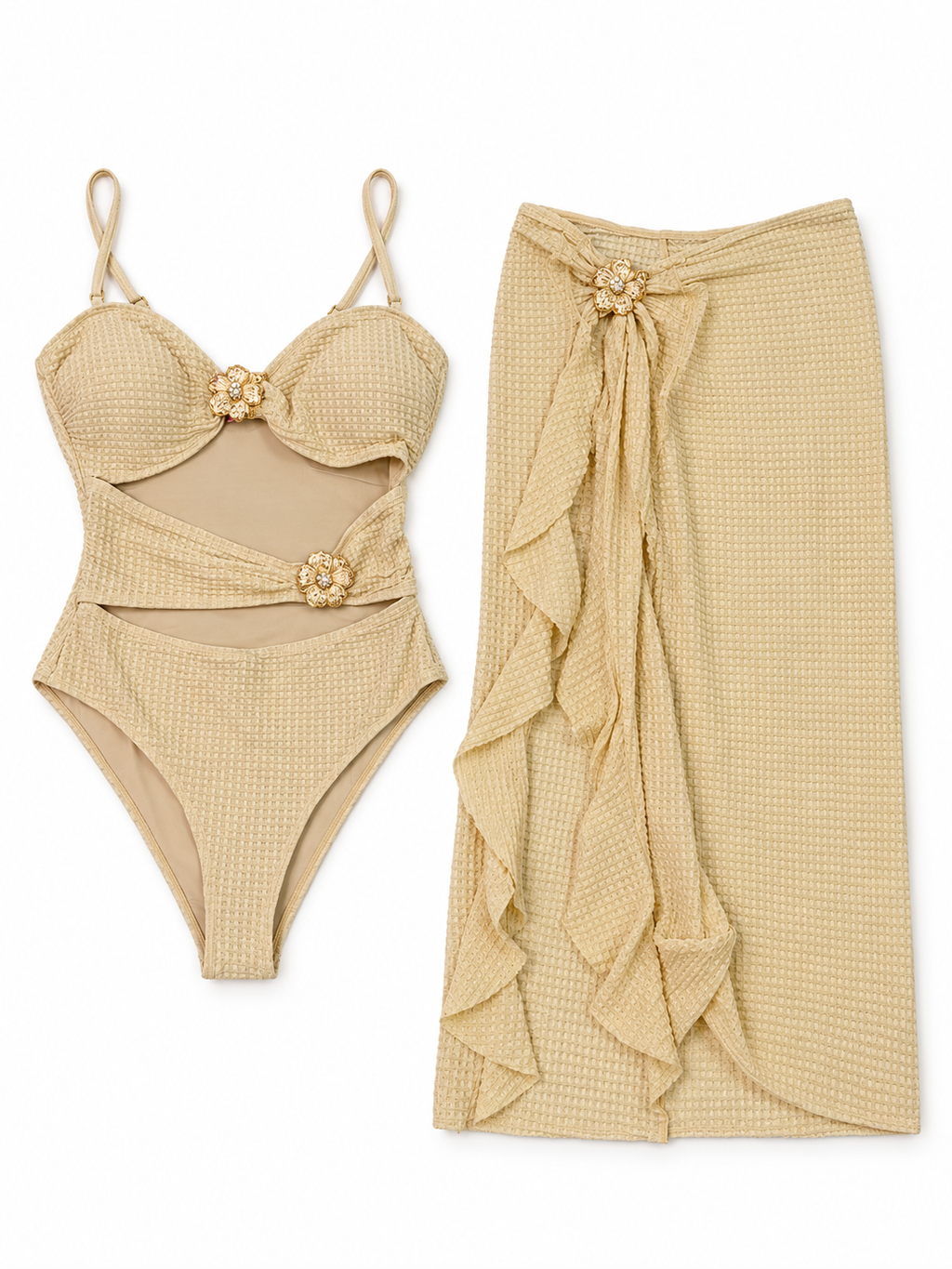 Gold Detail Cut-Out Swimsuit Set