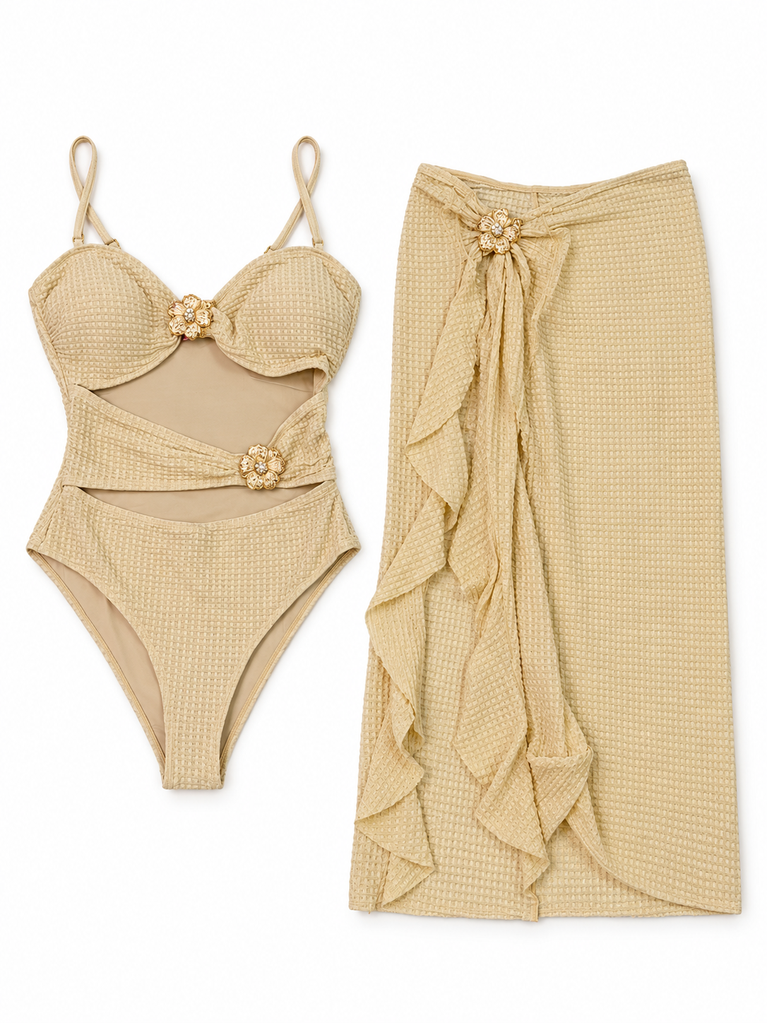 Gold Detail Cut-Out Swimsuit Set